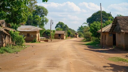 Poster - A scenic view of a dirt road in a rural area with houses and trees. Ideal for illustrating countryside living