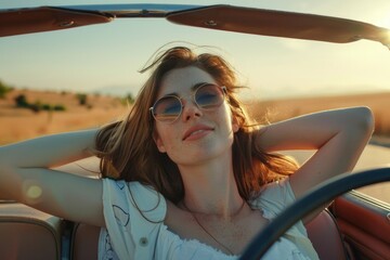 Poster - A woman sitting in the driver's seat of a car. Suitable for automotive and transportation concepts