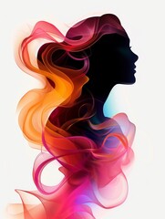 Silhouette of a woman with colorful flowing hair, Abstract female silhouette with colorful flowing shapes and lines on a white background, AI generated