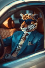 Poster - Stuffed animal in a suit and tie sitting in a car. Perfect for business concepts