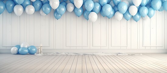 Wall Mural - A room adorned with electric blue and white balloons, creating a symmetrical pattern against the wood flooring. The artful display adds a touch of fashion accessory to the event space