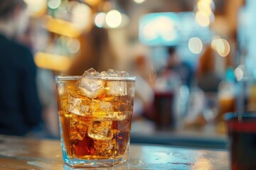 Poster - A glass of ice sitting on a bar, perfect for beverage advertisements