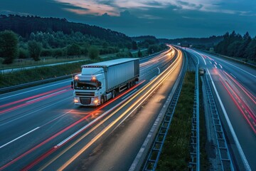 Wall Mural - A semi truck driving on a highway at dusk. Suitable for transportation and travel concepts