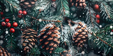 Poster - Pine cones sitting on top of a tree, suitable for nature themes