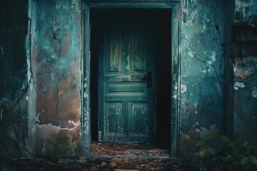 Poster - An open door in a dilapidated building. Suitable for urban exploration themes
