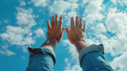 Poster - A person reaching up into the sky, suitable for motivational and inspirational concepts