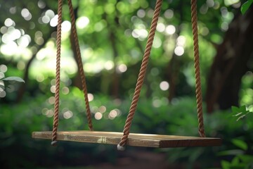 A wooden swing hanging from a tree in a forest. Suitable for nature or outdoor themed designs