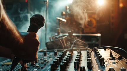 Poster - A person holding a microphone in front of a sound board. Suitable for music or audio production concepts