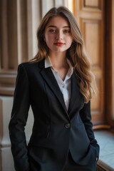Poster - Woman in black suit standing by a window, suitable for business concepts