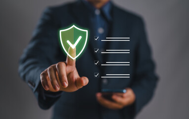 Poster - Quality management with Quality Assurance or QA and Quality Control or QC and improvement. Standardization and certification concept. Compliance to regulations and standards. Concept with manager.