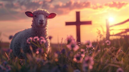 Poster - A sheep standing in a field with a cross in the background. Suitable for religious or spiritual themes
