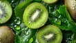 Succulent kiwi fruit and slices complemented by fresh green leaves and sparkling water droplets.
