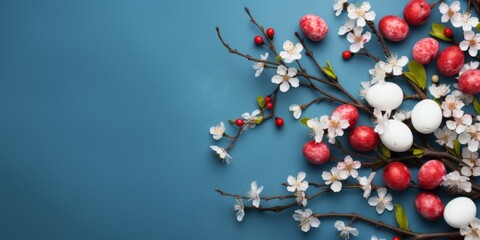 Easter blue banner. Easter eggs on a blue background. 