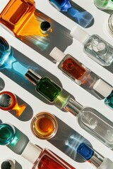 Poster - Various colored bottles displayed on a table. Suitable for product showcase or interior design concepts