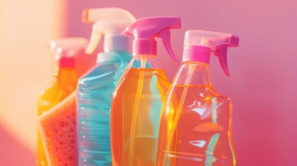 Poster - Row of cleaning product bottles on a shelf, ideal for household cleaning concept