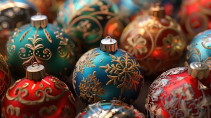 Poster - Colorful Christmas ornaments close up, perfect for holiday designs