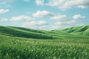 Poster - Beautiful green grass field with a clear blue sky background. Perfect for nature and outdoor concepts