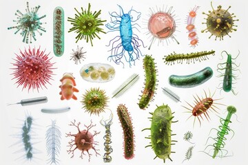 Poster - Different types of microorganisms on a white background. Suitable for scientific and medical concepts