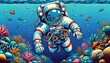 Illustration of Astronaut Spaceman in the Ocean in Pop Art style