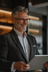 Poster - A man in a suit holding a tablet computer. Suitable for business concepts