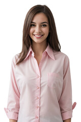 Wall Mural - Stylish young woman wearing a pink office shirt, smiling and looking at the camera.  isolated, transparent background, no background. PNG.