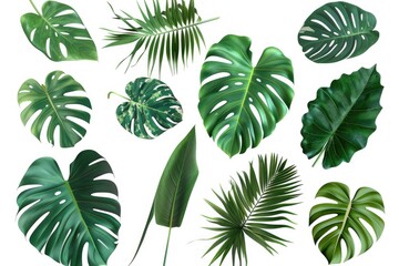Poster - A collection of vibrant tropical leaves on a clean white background. Perfect for tropical-themed designs or botanical illustrations