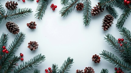 Poster - Pine cones and red berries on a white background. Perfect for winter and Christmas-themed designs