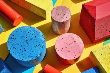 Poster - Colorful concrete blocks arranged with a wooden block. Great for construction or design concepts