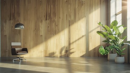 Poster - A room with a chair and a potted plant, suitable for interior design concepts