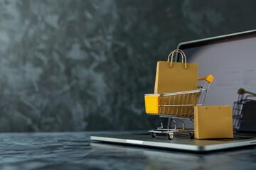 Poster - A shopping cart placed on top of a laptop. Suitable for technology and online shopping concepts