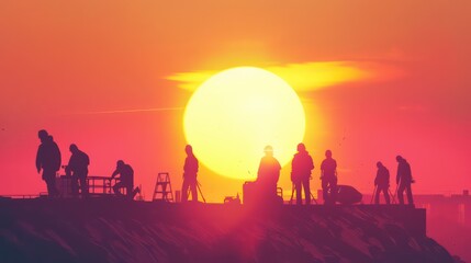 Silhouette of an engineer and construction crew working team discussing blueprints at sunrise. 