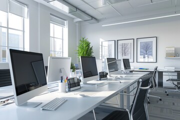 Aufkleber - Row of computers on a white desk, suitable for office or technology concepts