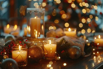 Aufkleber - A table adorned with candles and holiday decorations. Perfect for Christmas-themed designs