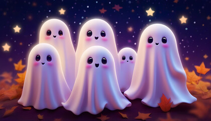 A digital artwork of cute ghosts floating in front of a starry background