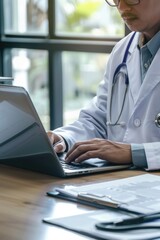 Aufkleber - A man in a lab coat working on a laptop. Suitable for science and technology concepts