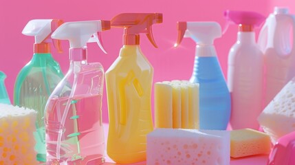 Poster - Assortment of cleaning products on vibrant pink background. Ideal for household cleaning product advertising