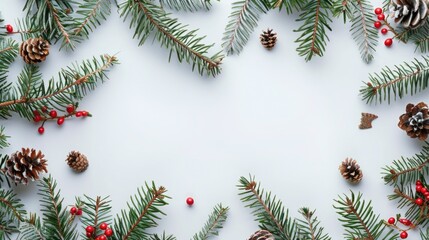 Poster - Pine branches, cones, and red berries on a clean white backdrop. Perfect for holiday and winter themed designs