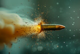Fototapeta  - A bullet is shot out of a gun, leaving a trail of smoke and debris in its wake
