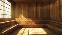 Traditional Wooden Sauna Interior with Benches and Soft Lighting