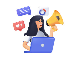 Digital marketing, social media market or advertising concept design 3D. Character working at business project strategy and analyzing data. 3D Vector illustration