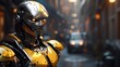 Yellow cyborg robot stands amidst cityscape of Chinatown street, its metallic sheen contrasting with surroundings. It remains enigmatic figure, fusion of human and machine. Symbolizing new urban life