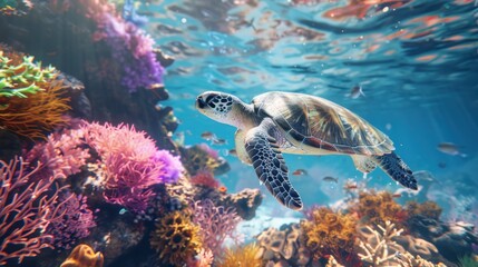 Wall Mural - Green sea turtles swim around colorful coral reefs.