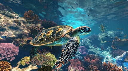 Wall Mural - Green sea turtles swim around colorful coral reefs.