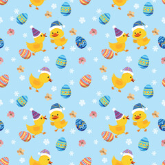 Wall Mural - Cute yellow duckling with Easter egg and flowers pattern.