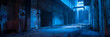Spooky atmospheric corridor with blue light - A chilling shot of a dilapidated corridor bathed in an ominous blue light, amplifying its spooky ambiance