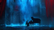 Envision A Dramatic Setting With Rich Cinematic Colors Enveloping The Space, Highlighted By Intricate Blue Stage Lighting And Cascading Ropes Overhead. Amidst It All, A Solitary Figure Sits, Singing P
