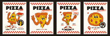 A Set Of Cool Pizza Posters. Trendy Retro Groovy Character Style. Pizza Delivery. Brochures For Restaurants, Pizzerias, Cafes.