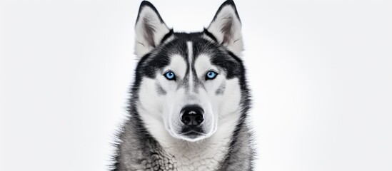 Sticker - A carnivore dog breed with a strong jaw and blue eyes is depicted in an illustration on a white background. The husky has a fluffy fur, whiskers, and a focused gaze towards the camera