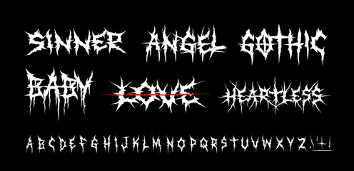 Poster - Dark Lettering tattoo vector font type and grunge style Gothic print designs of Sinner, Angel, Gothic, Love, Baby. Y2k Ghotic tattoo font concept for apparel print design. Rock n Roll style lettering