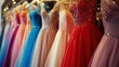 Colorful dresses in modern luxury boutiques, evening dresses, wedding dresses, prom dresses, bridesmaid dresses.